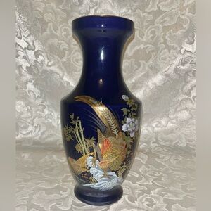 Vintage Hand-Painted Japanese Cobalt Vase, 10x5, Pheasant Design